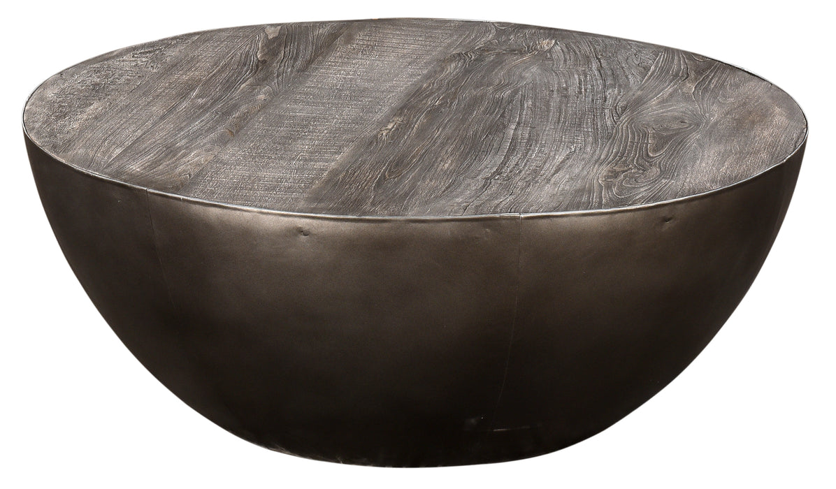Bengal Manor Distressed Grey Mango Wood And Pewter Metal Drum Base Round Cocktail Table