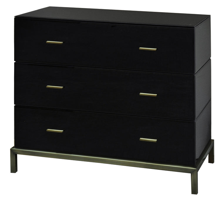 Mercury Black Glass And Antique Brass 3 Drawer Chest