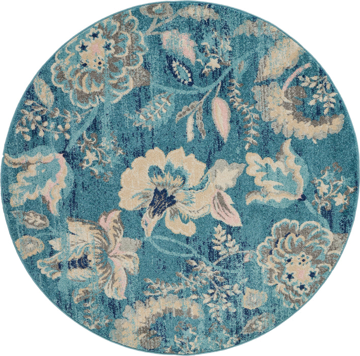 Nourison Tranquil TRA02 Turquoise Blue and White 5' Round French Country Area Rug
