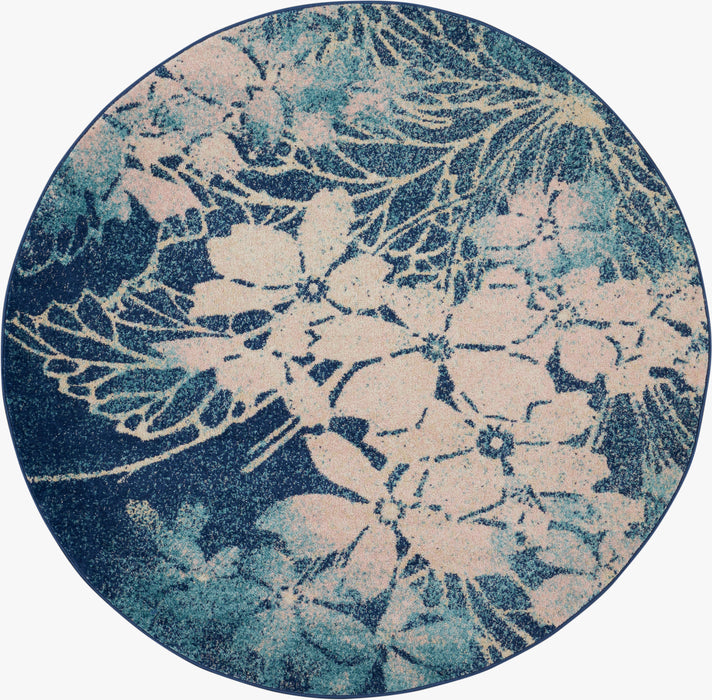 Nourison Tranquil TRA08 Navy Blue and White 5' Round Ombre Floral Area Rug