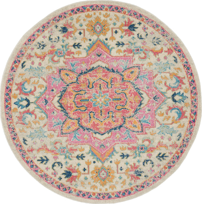 Nourison Passion 5' Round Ivory, Pink Bohemian Area Rug