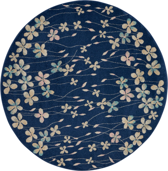 Nourison Tranquil TRA04 Navy Blue 5' Round Floral Area Rug