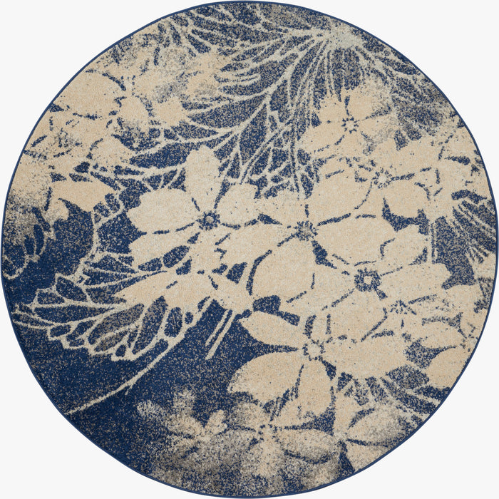 Nourison Tranquil TRA08 Navy Blue and Grey 5' Round Ombre Floral Area Rug