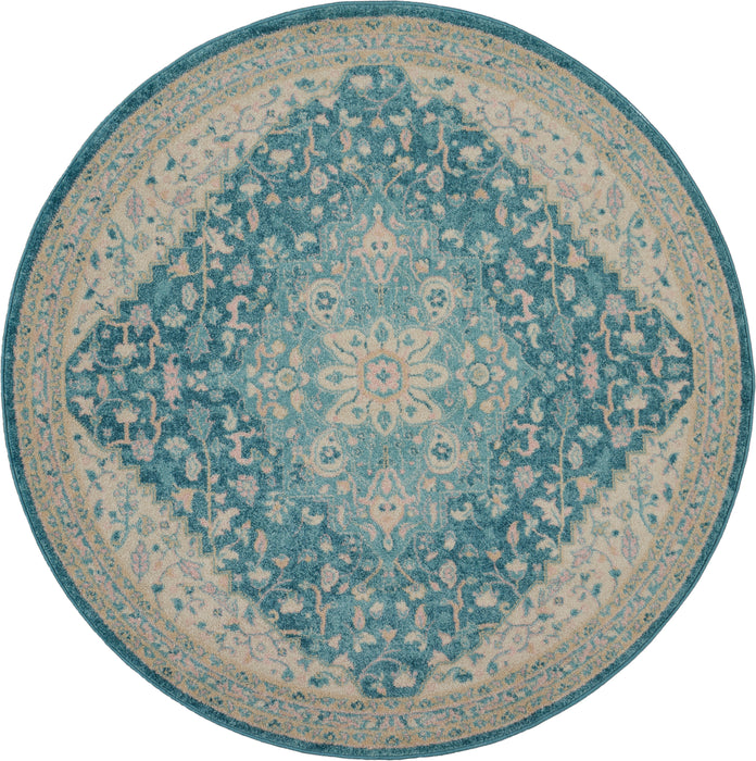 Nourison Tranquil TRA07 Turquoise Blue and White 5' Round Oushak Area Rug