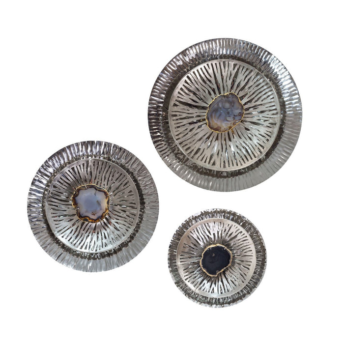 Silver and agate Disk Wall art set of 3