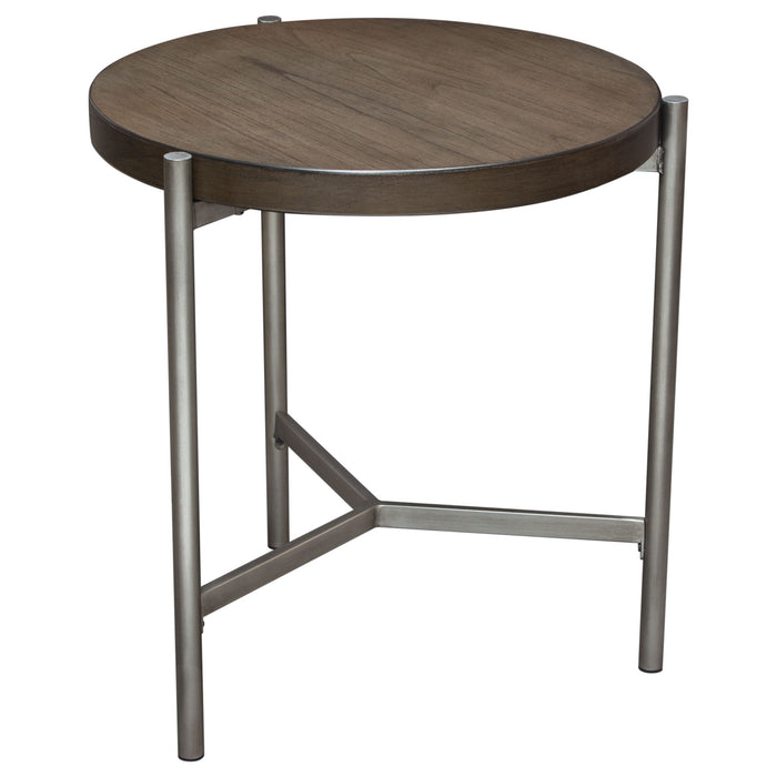 Atwood 22" Round End Table w/ Grey Oak Veneer Top & Brushed Silver Metal Base by Diamond Sofa