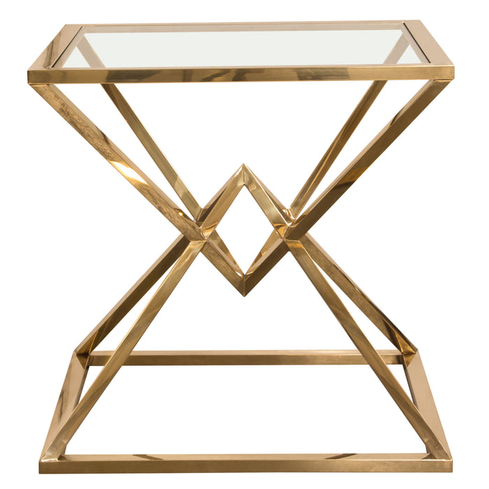 Aria Square Stainless Steel End Table w/ Polished Gold Finish Base & Clear, Tempered Glass Top by Diamond Sofa