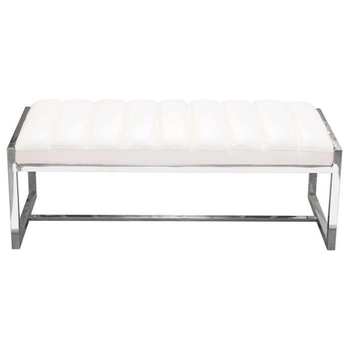Bardot Large Bench Ottoman w/ Polished Stainless Steel Frame & Padded Seat in White Leatherette by Diamond Sofa