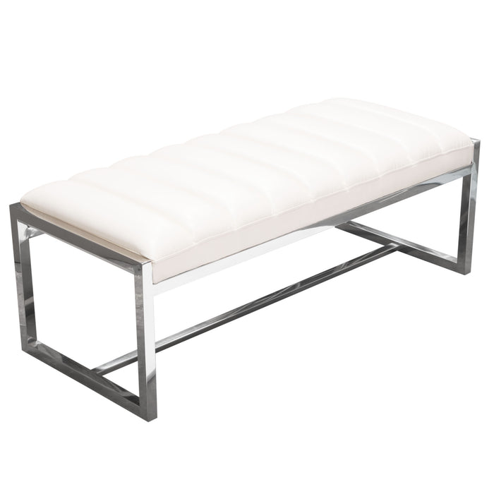 Bardot Large Bench Ottoman w/ Polished Stainless Steel Frame & Padded Seat in White Leatherette by Diamond Sofa