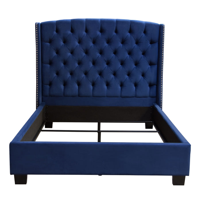 Majestic Eastern King Tufted Bed in Royal Navy Velvet with Nail Head Wing Accents by Diamond Sofa