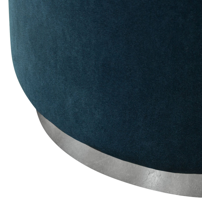 Sorbet Round Accent Ottoman in Navy Blue Velvet w/ Silver Metal Band Accent by Diamond Sofa