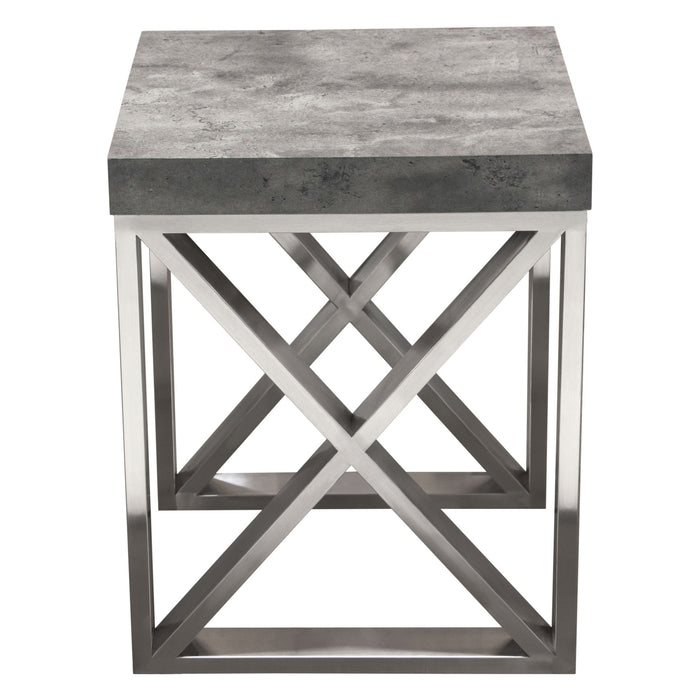 Carrera End Table in Faux Concrete Finish with Brushed Stainless Steel Legs by Diamond Sofa
