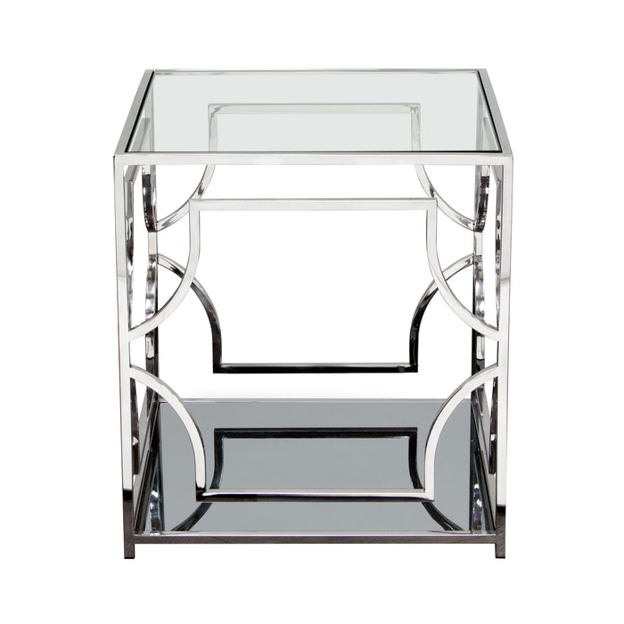 Avalon End Table with Clear Glass Top, Mirrored Shelf & Stainless Steel Frame by Diamond Sofa