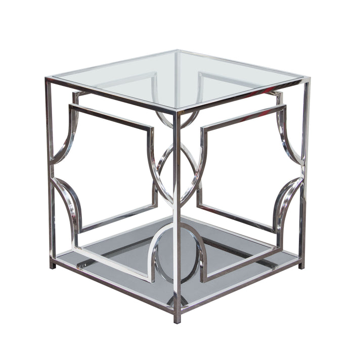Avalon End Table with Clear Glass Top, Mirrored Shelf & Stainless Steel Frame by Diamond Sofa