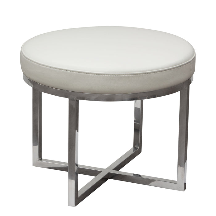 Ritz Round Accent Stool with Padded Seat in White Bonded Leather and Polished Stainless Steel Base by Diamond Sofa