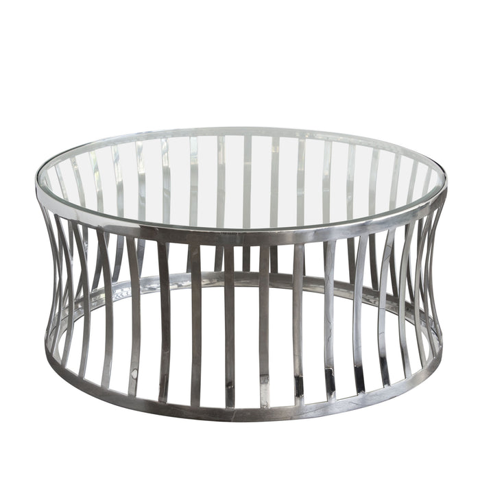 Capri Round Stainless Steel Cocktail Table w/ Clear, Tempered Glass Top by Diamond Sofa