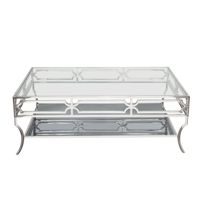 Avalon Cocktail Table with Clear Glass Top, Mirrored Shelf & Stainless Steel Frame by Diamond Sofa