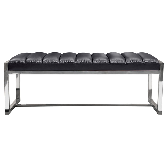 Bardot Large Bench Ottoman w/ Polished Stainless Steel Frame & Padded Seat in Black Leatherette by Diamond Sofa