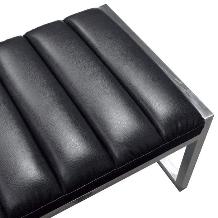 Bardot Large Bench Ottoman w/ Polished Stainless Steel Frame & Padded Seat in Black Leatherette by Diamond Sofa