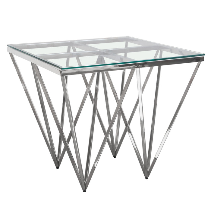 Omni Square End Table with Clear Tempered Glass Top and Polished Stainless Steel Base by Diamond Sofa