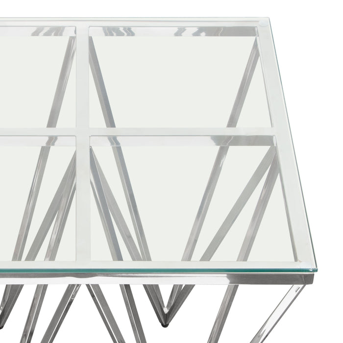 Omni Square End Table with Clear Tempered Glass Top and Polished Stainless Steel Base by Diamond Sofa