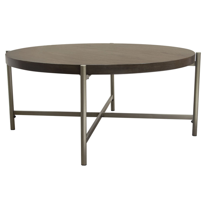 Atwood 40" Round Cocktail Table w/ Grey Oak Veneer Top & Brushed Silver Metal Base by Diamond Sofa