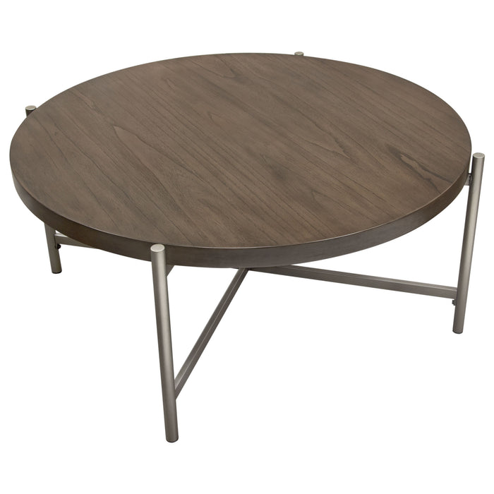 Atwood 40" Round Cocktail Table w/ Grey Oak Veneer Top & Brushed Silver Metal Base by Diamond Sofa