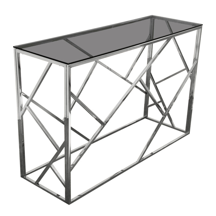 Nest Rectangular Console Table with Smoked Tempered Glass Top and Polished Stainless Steel Base by Diamond Sofa