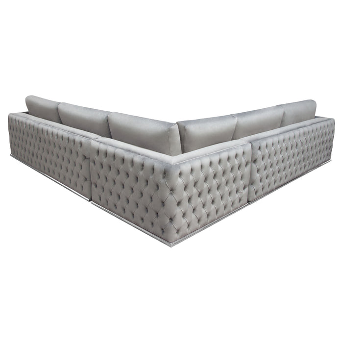 Envy 3PC Sectional in Platinum Grey Velvet with Tufted Outside Detail and Silver Metal Trim by Diamond Sofa