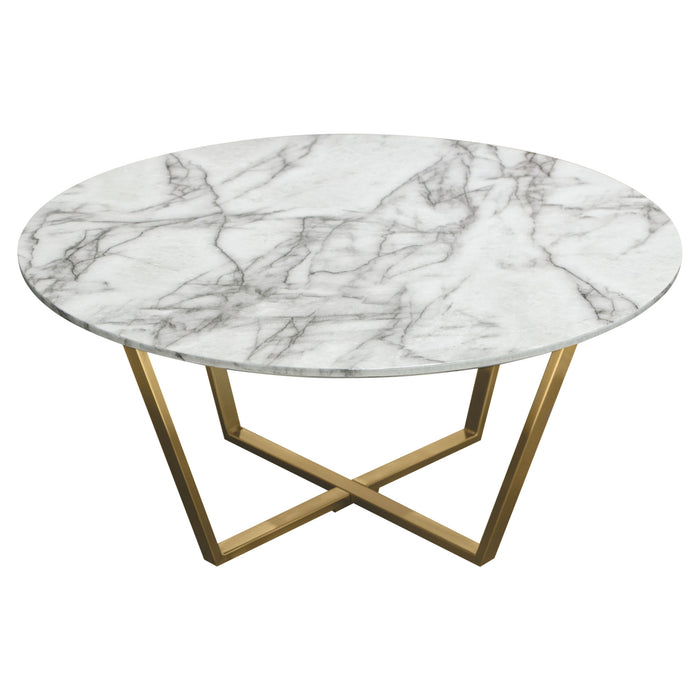 Vida 35" Round Cocktail Table w/ Faux Marble Top and Brushed Gold Metal Frame by Diamond Sofa