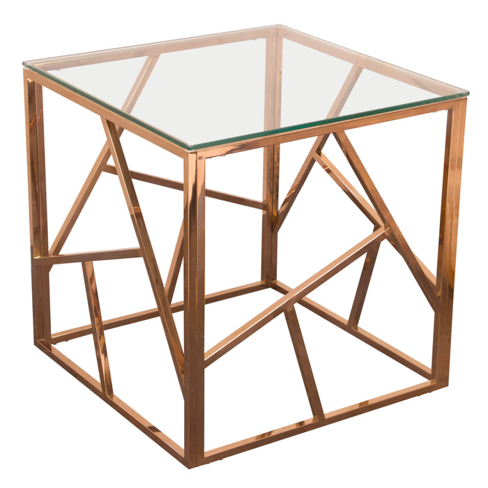 Nest Square End Table with Clear Tempered Glass Top and Polished Stainless Steel Base in Rose Gold Finish by Diamond Sofa