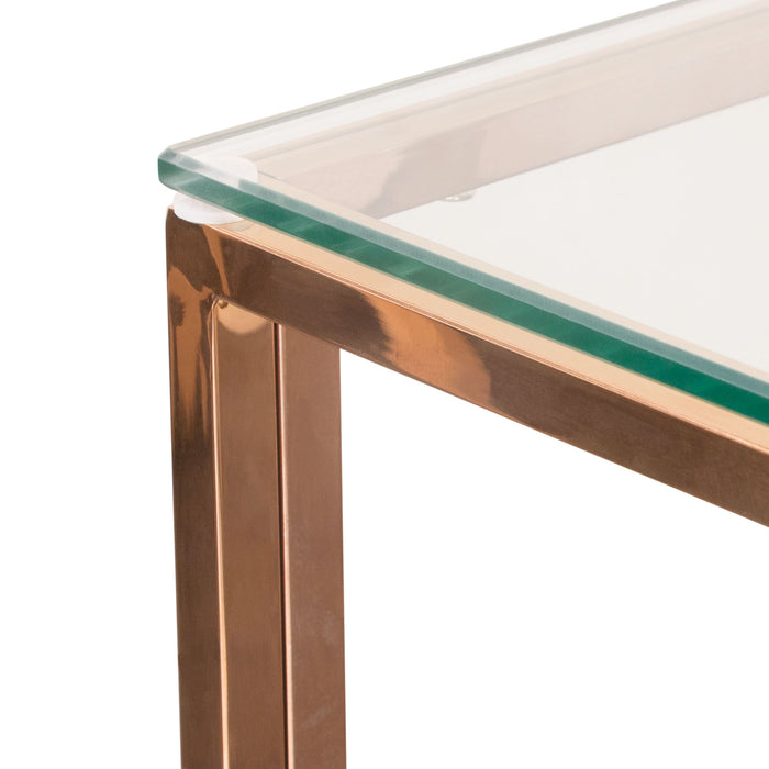 Nest Square End Table with Clear Tempered Glass Top and Polished Stainless Steel Base in Rose Gold Finish by Diamond Sofa