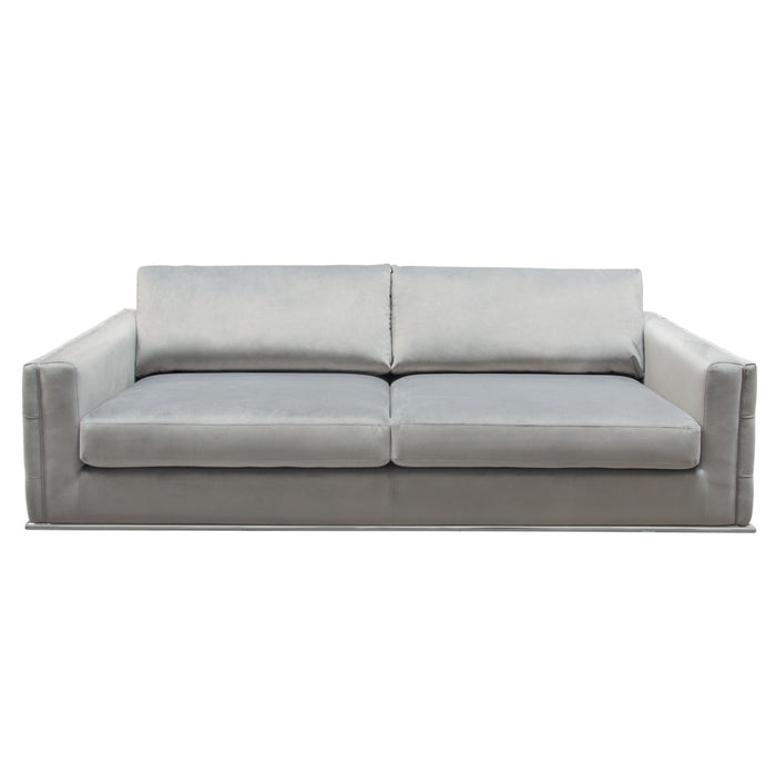 Envy Sofa in Platinum Grey Velvet with Tufted Outside Detail and Silver Metal Trim by Diamond Sofa