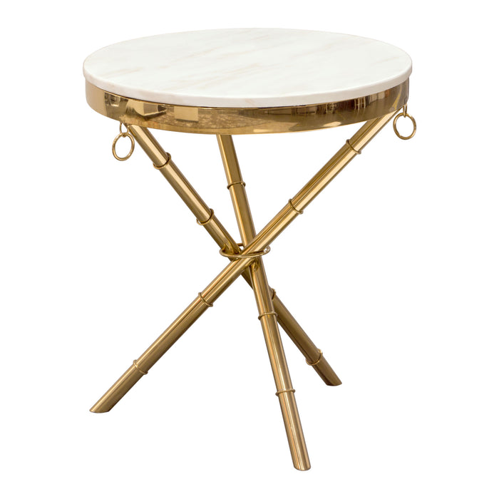 Reed Round Accent Table with White Marble Top and Gold Finished Metal Base by Diamond Sofa