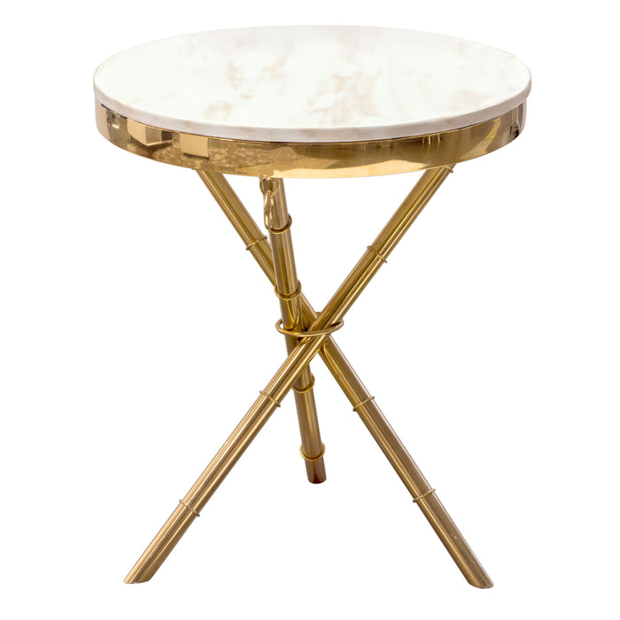 Reed Round Accent Table with White Marble Top and Gold Finished Metal Base by Diamond Sofa
