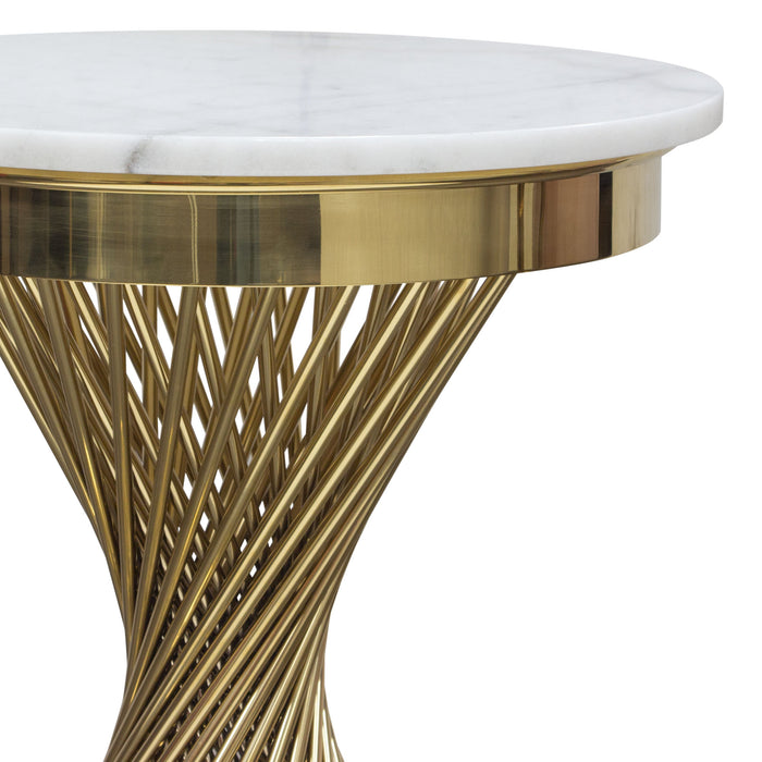 Solstice 18" Round End Table with Genuine Marble Top and Polished Gold Spiral Spoked Base by Diamond Sofa