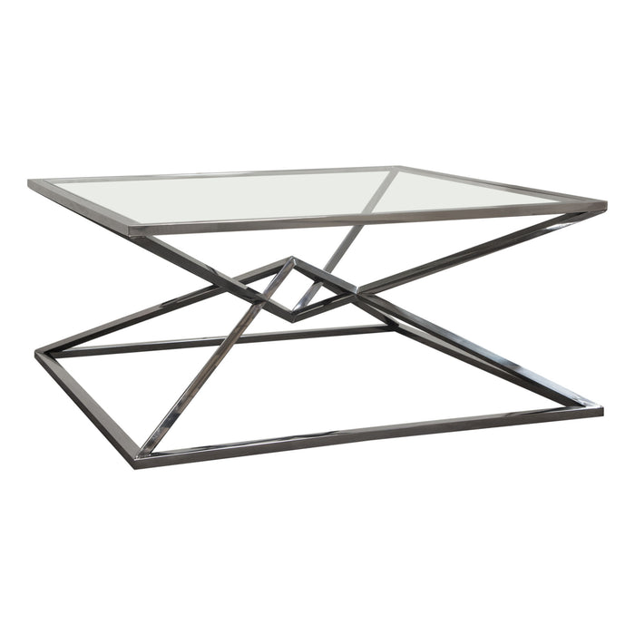 Aria Square Stainless Steel Cocktail Table w/ Polished Black Finish Base & Clear, Tempered Glass Top by Diamond Sofa