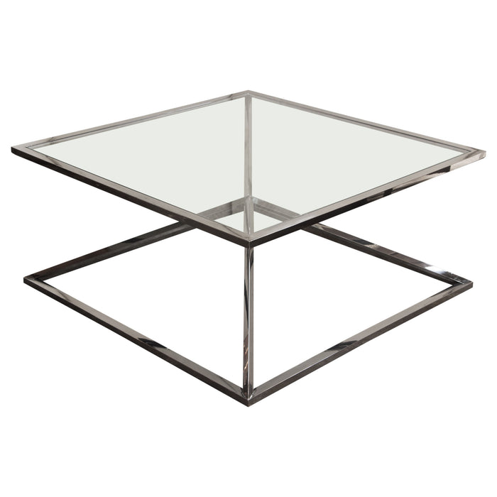 Aria Square Stainless Steel Cocktail Table w/ Polished Black Finish Base & Clear, Tempered Glass Top by Diamond Sofa