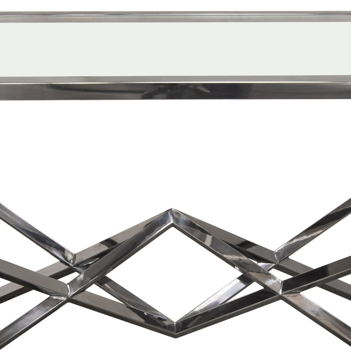 Aria Rectangle Stainless Steel Console Table w/ Polished Black Finish Base & Clear, Tempered Glass Top by Diamond Sofa