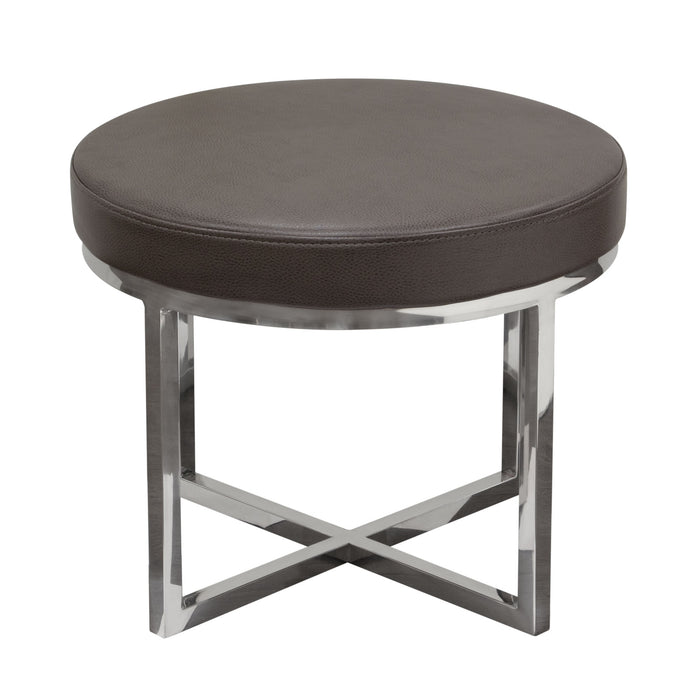 Ritz Round Accent Stool with Padded Seat in Elephant Grey Bonded Leather and Polished Stainless Steel Base by Diamond Sofa