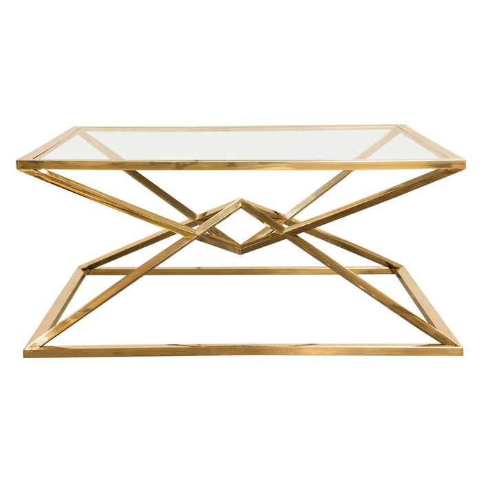 Aria Square Stainless Steel Cocktail Table w/ Polished Gold Finish Base & Clear, Tempered Glass Top by Diamond Sofa