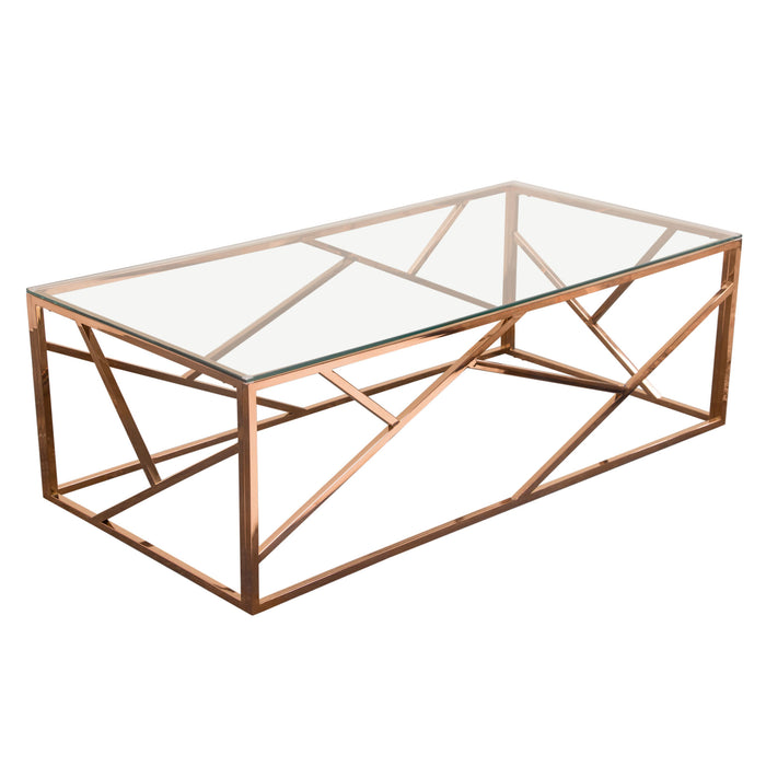 Nest Rectangular Cocktail Table with Clear Tempered Glass Top and Polished Stainless Steel Base in Rose Gold Finish by Diamond Sofa