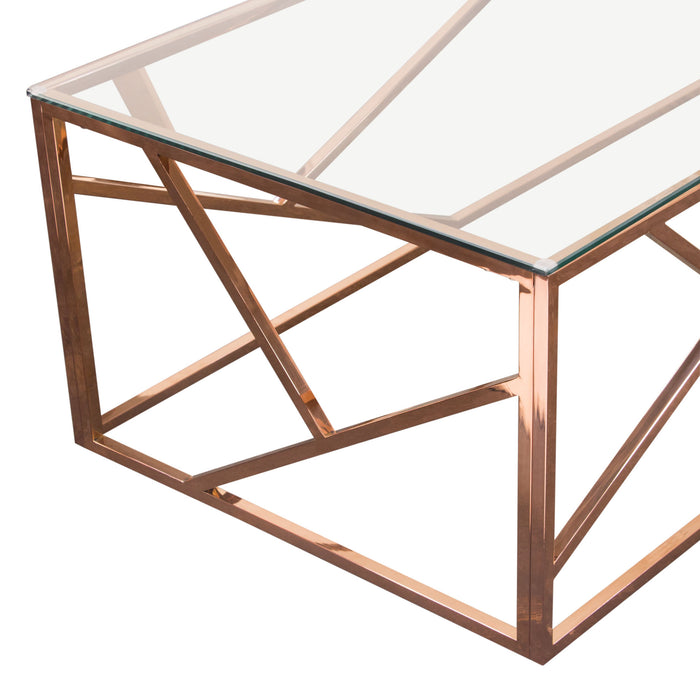 Nest Rectangular Cocktail Table with Clear Tempered Glass Top and Polished Stainless Steel Base in Rose Gold Finish by Diamond Sofa