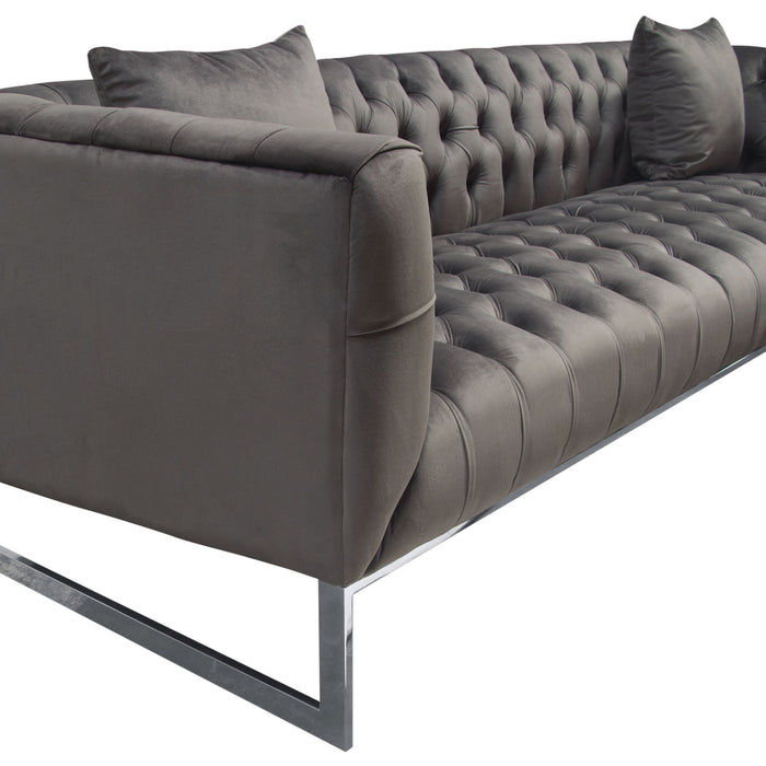 Crawford Tufted Sofa in Dusk Grey Velvet w/ Polished Metal Leg & Trim by Diamond Sofa