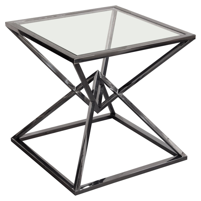 Aria Square Stainless Steel End Table w/ Polished Black Finish Base & Clear, Tempered Glass Top by Diamond Sofa