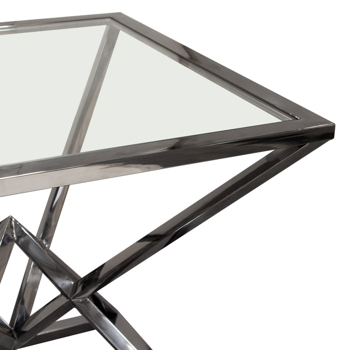 Aria Square Stainless Steel End Table w/ Polished Black Finish Base & Clear, Tempered Glass Top by Diamond Sofa