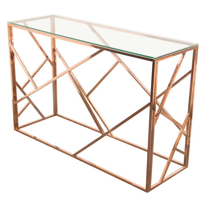 Nest Rectangular Console Table with Clear Tempered Glass Top and Polished Stainless Steel Base in Rose Gold Finish by Diamond Sofa