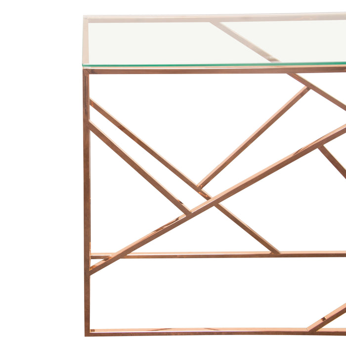 Nest Rectangular Console Table with Clear Tempered Glass Top and Polished Stainless Steel Base in Rose Gold Finish by Diamond Sofa