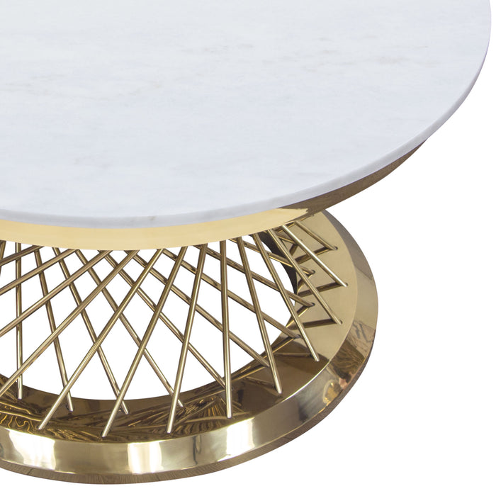 Solstice 35" Round Cocktail Table with Genuine Marble Top and Polished Gold Spiral Spoked Base by Diamond Sofa