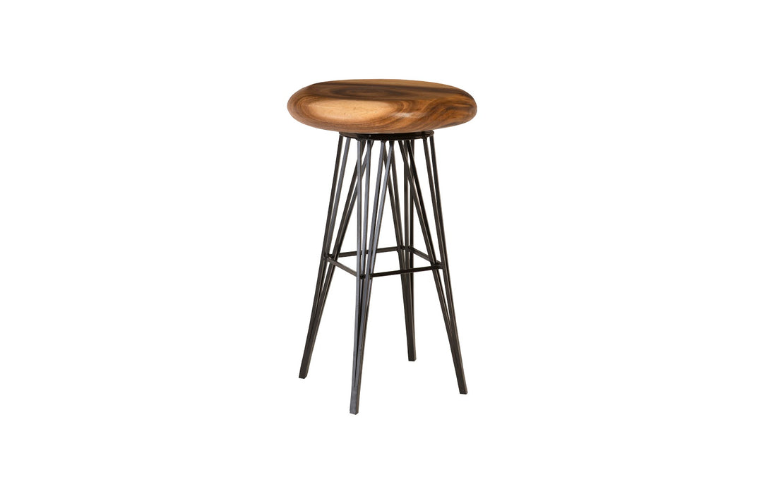 Smoothed Bar Stool on Black Metal Legs, Swivel Seat, Chamcha Wood, Natural